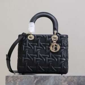 DIOR LADY BAG 24 IN BLACK GRAPHIC CANNAGE CALFSKIN PALE GOLD-FINISH METAL CHARMS