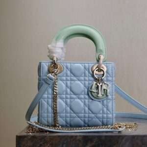 MINI LADY BAG 17 IN BABY BLUE QUILTED MACROCANNAGE CALFSKIN GREEN STRAP