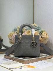 DIOR LADY SMALL BAG 20 IN GREY MACROCANNAGE LAMBSKIN GOLD HARDWARE