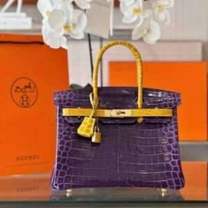 Hermes Birkin Crocodile Mix Purple With Yellow Handle Handbag 30cm