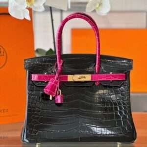 Hermes Birkin Crocodile Mix Black Pink Handle Handbag 30cm