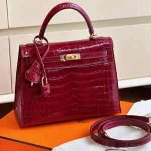 Hermes Kelly Plum Red Crocodile Lock Gold 25cm