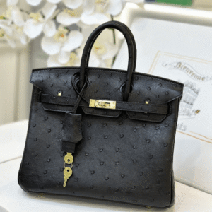 Hermes Birkin Ostrich Leather Handbag Black Lock Gold 25cm