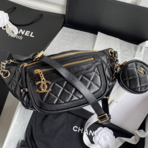 Chanel Bumbag Black Wrinkled Leather Lock Gold Handbags 34x15x6cm