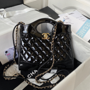 Chanel Mini Shopping Bag Handbags Shiny Leather Lock Gold 31cm