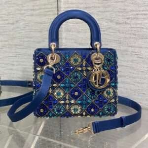 DIOR MINI 20 LADY BAG IN COBALT BLUE SATIN WITH COLORFUL EMBROIDERED BEADWORK