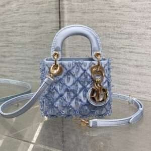 DIOR MICRO 12 LADY BAG IN CERULEAN BLUE SATIN WITH BEADING