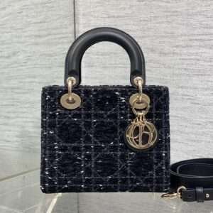 DIOR MINI 20 LADY BAG IN BLACK MIX WHITE CANNAGE TWEED WITH GOLD HARDWARE