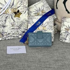 DIOR LADY JASMINE CARD HOLDER 10 IN SLATE GREY QUILTED PATENT CALFSKIN